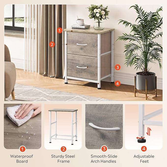 WLIVE Nightstand, 2 Drawer Dresser for Bedroom, Small Dresser with 2 Drawers, Bedside Furniture, Night Stand, End Table with Fabric Bins for Bedroom, Closet, College Dorm, Greige Oak - Image 5