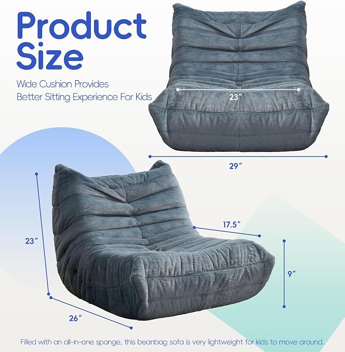 Hobestluk Medium Bean Bag Chairs Lounge Floor Chair BeanBag Couch Togo Sofa | Ergonomic Design,Memory Foam,No Assembly,Faux Fur Fireside Chair Back Support for Reading Playroom | Bluegrey Plush Medium - Image 2