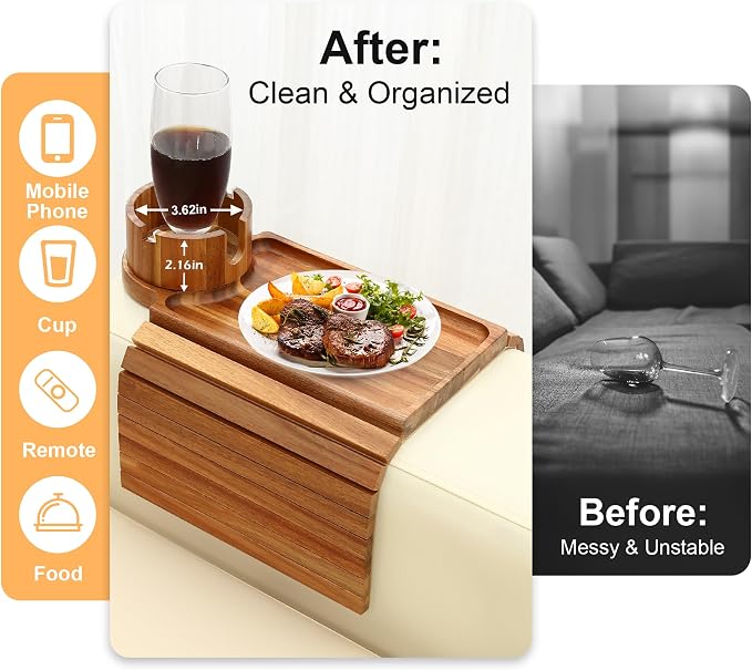 Couch Cup Holder Tray,Acacia Wood Couch Arm Table with Phone Holder, Large Foldable Sofa Arm Tray for Drink Snacks Table - Image 4
