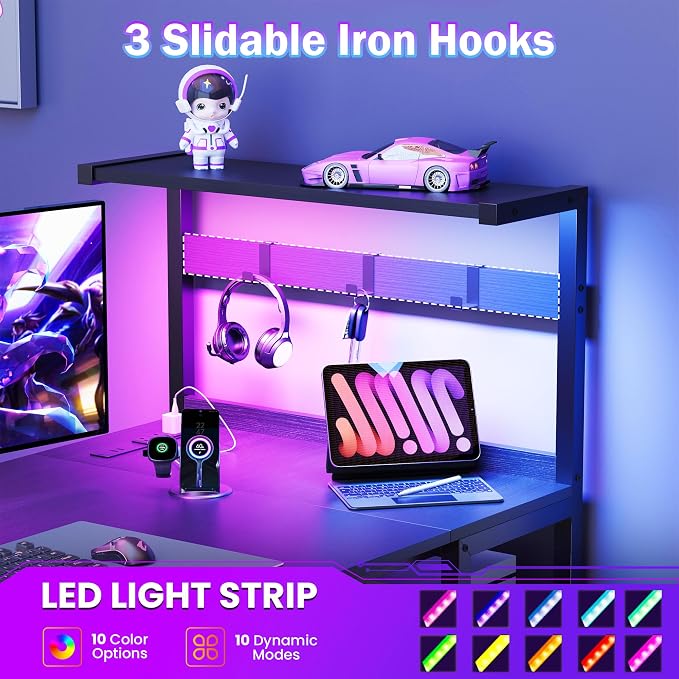 47in Gaming Computer Desk with Drawers & Storage Shelf & Iron Hook, Black - Image 4