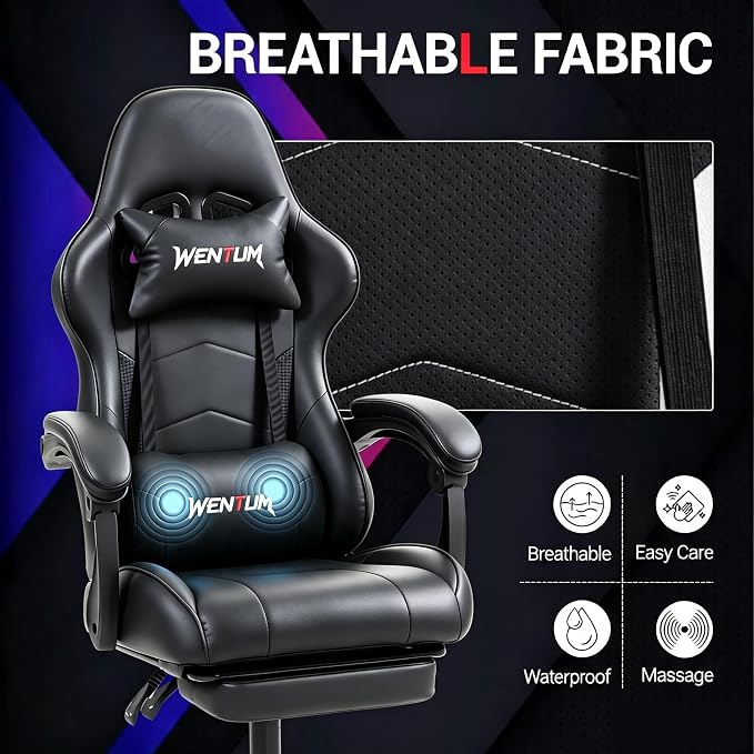 Gaming Chair with Footrest for Adults, PU Leather Massage Racing Video Game Chair with Lumbar Support for Men Women, Ergonomic Computer Chair for Home Office, Height Adjustable, Black - Image 6