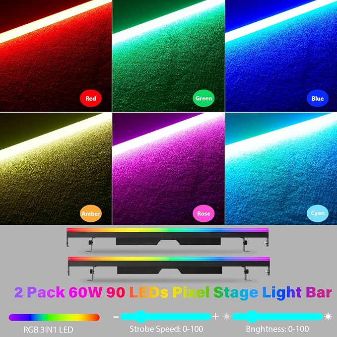 LED Stage Pixel Light Bar,60W 90 LEDs RGB DMX DJ Stage Wash Light Bar Side with Screw Seamless Stitching Design DMX Lights Strip for Event Stage Club Party Show Wedding Lighting 2Pack - Image 2