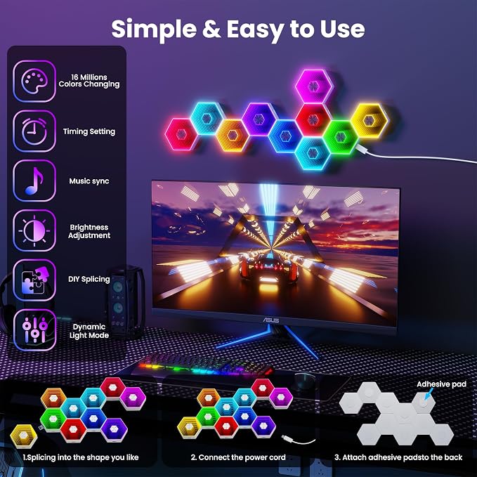10 Pack Hexagon Led Lights, 90mm Smart Hexagon, Smart App RGB Gaming Led Light, with Remote Control & Music Sync Honeycomb Shape Hexagon Wall Lights for Bedroom, Living Room Wall - Image 3