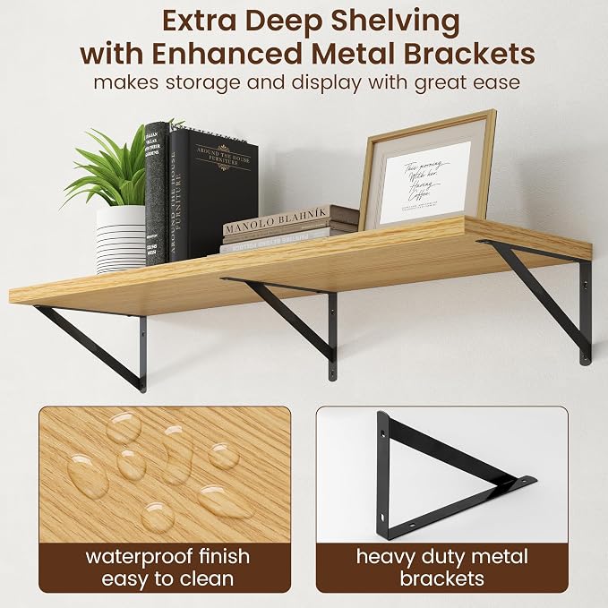 Axeman Deep Floating Shelves - 40 Inch Floating Shelves Set of 2-12 Inch Deep Oak Wall Shelves for Living Room Bathroom Kitchen - Image 5