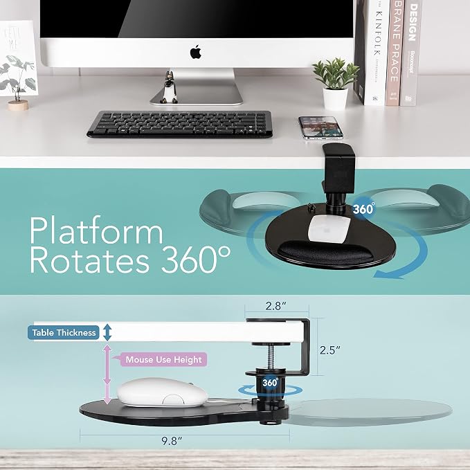 EHO Clamp-On Mouse Platform with Gel Wrist Rest, 360° Rotating Under Desk Mouse Tray with Slide-in Storage, Ergonomic Space-Saving Armrest for Left or Right-Hand Use, TAA-Compliant - Image 2