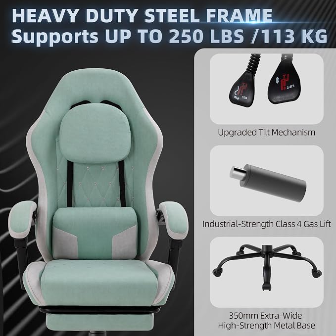 Gaming Chair for Adults, Fabric Gaming Chair with Footrest and Pocket Spring Cushion, Ergonomic Gamer Chair with Lumbar Support, Reclining Computer Gaming Chair with High Back, Light Green - Image 8