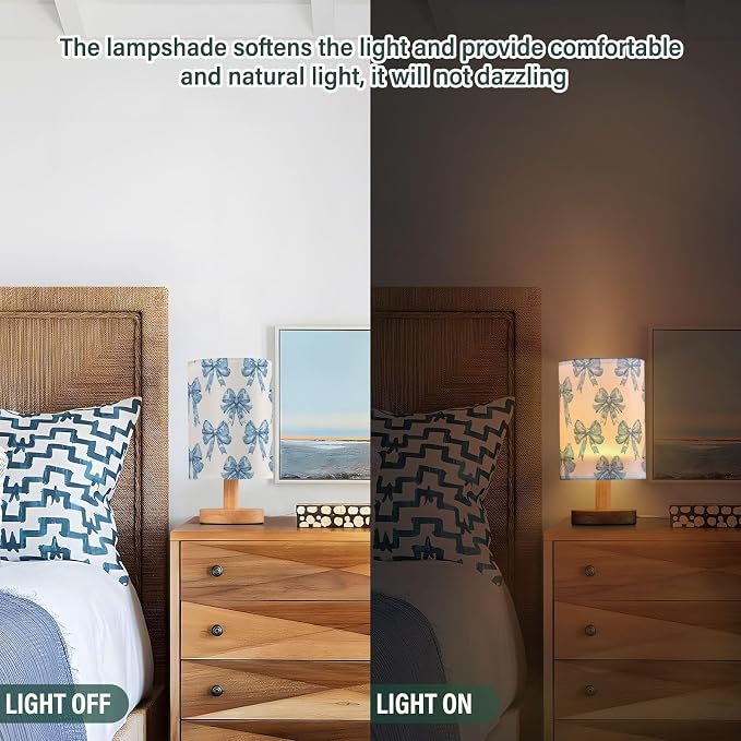 Bedside Table Lamp Blue Bows Printed Nightstand Lamp with Wood Desk Lamps for Bedroom Living Room Nursery Office Home Decor - Image 4