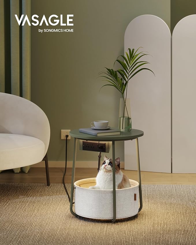 VASAGLE Side Table with Charging Station,Fabric Basket, LED Round End Table - Image 2