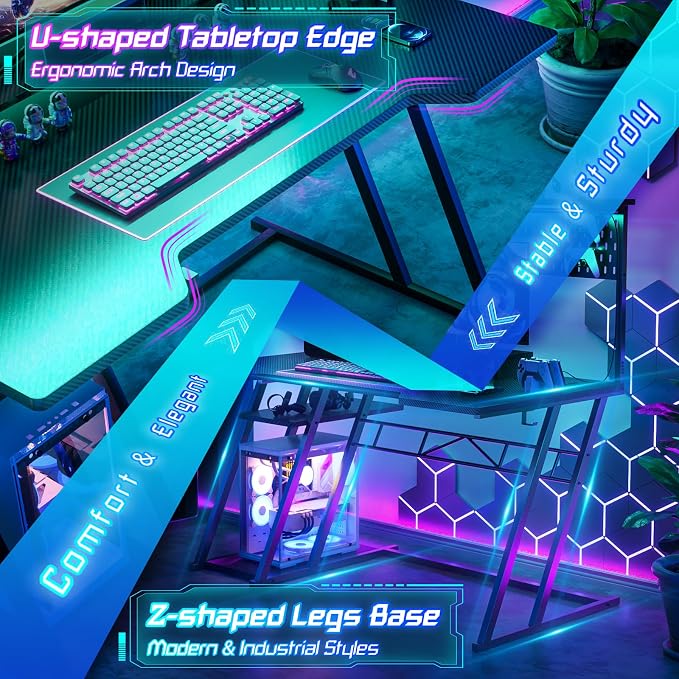 Armocity Gaming Computer Desk with Shelves and Outlets, Gaming Desk with Hutch and LED Lights, Reversible PC Gaming Desks with Pegboard, Carbon Fiber Black 47'' - Image 6