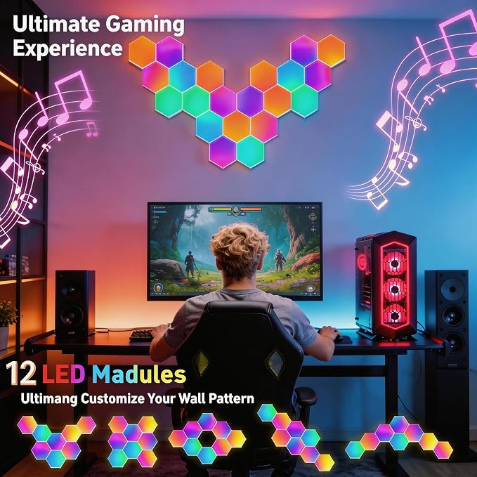 TISOFU 12 Pack Hexagon Lights LED Wall Panels, RGB Gaming Light with APP/Music Sync & Remote, DIY Smart Modular Hexagonal Honeycomb Glide Hex Tiles Panel for Bedroom Party Decor Gifts - Image 3