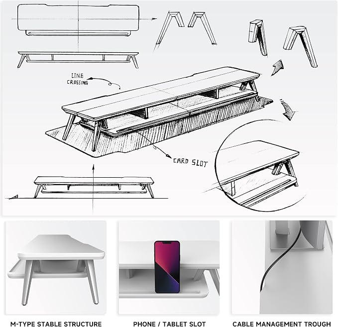 Fenge Dual Monitor Stand Riser, Wooden Desk Shelf with 2-Tier Storage | 42.5-Inch Wide, Sturdy Aluminum Legs, Built-In Phone & Tablet Slot, Desktop Organizer for Office Accessories - Image 4