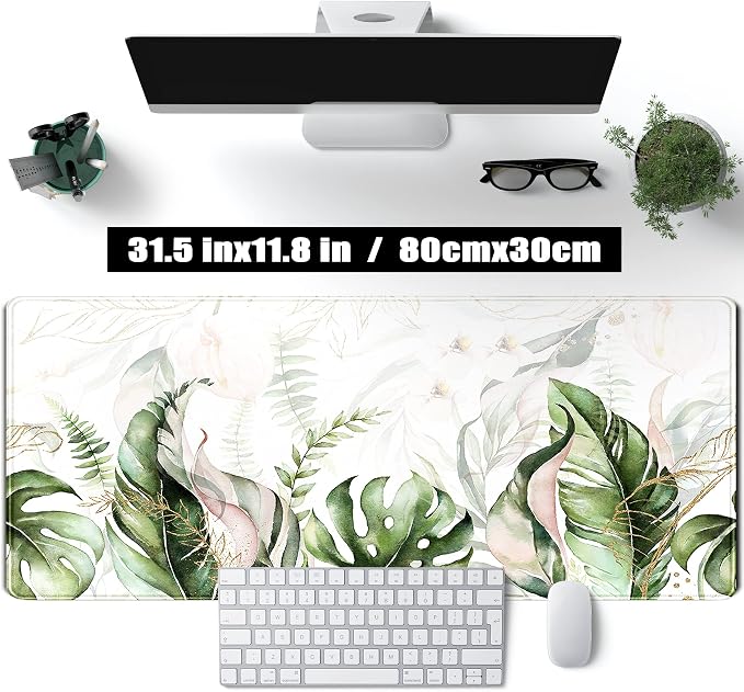 Green Tropical Leaves Desk Mat XL Large Gaming Mouse Pad Green Sage Plant Laptop Keyboard Mouse Mat Office Supplies Desk Decor Accessories for Women, Desk Mats Pads on top of Desks, 31.5x11.8 in - Image 2