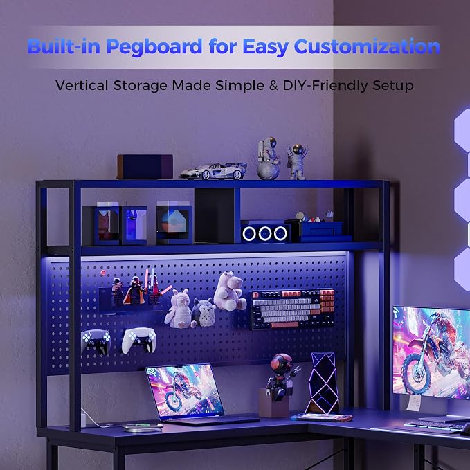 Mericonia 51 in L Shaped Desk with Pegboard, Reversible Corner Gaming Desk | Large Computer Desk with Hutch, Power Outlets, LED Light & Storage Bag, Office Table for Home Bedroom Study Work Writing - Image 3