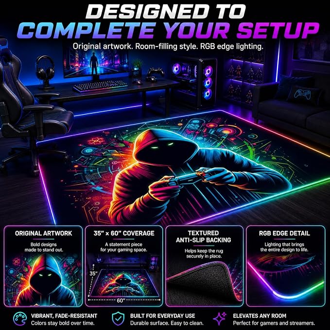 Gaming Rug RGB LED Light (3x5 Gamer) - Bedroom Gamer Rug Floor Mat Gaming Decor - Kids Room Rug Anti Slip Mat for Chair – Play Game Room Décor for Teen, Boys, Kids - Image 4