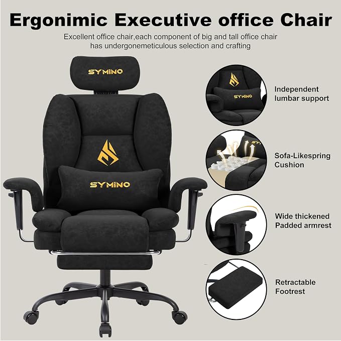 Symino Gaming Chair with Foot Rest, Unique Up/Down Armrests, PU Leather Ergonomic High Back Chair, 150° Recline Solid Color Computer Desk Chair, Black - Image 4