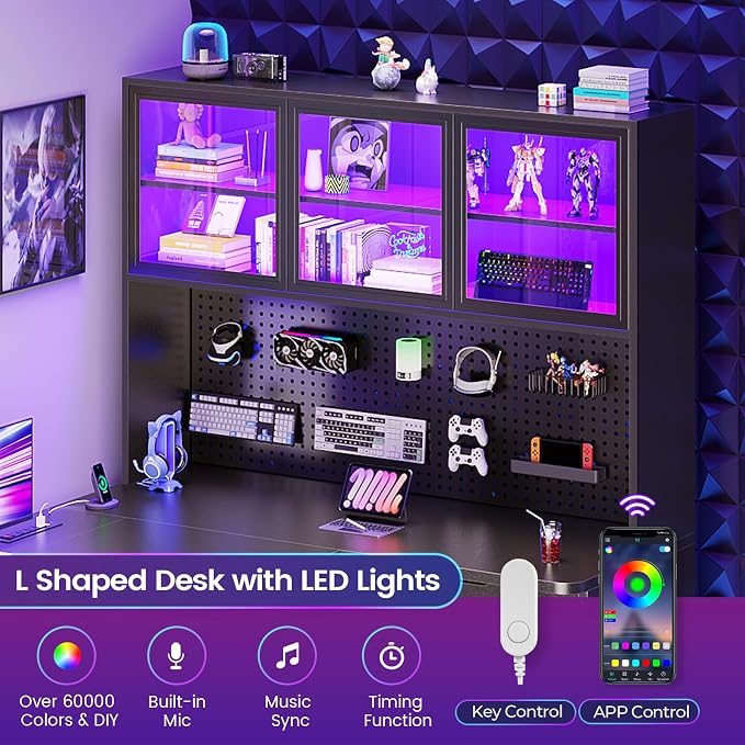 SEDETA L Shaped Corner Gaming Desk with 3 Wood Drawer and Large Bookshelf | L Shaped Computer Desk with LED Light, Display Cabinet and Pegboard for Home Office, 27.5" W Large Desktop Table, Black - Image 5