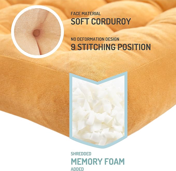 Large Floor Pillows for Adults, Square Meditation Cushion, 22 Inch Yellow | Reading nook & office use, Tatami seating, Breathable corduroy cover, 3.5 in thick, Shredded memory foam fill, Yoga pad - Image 2