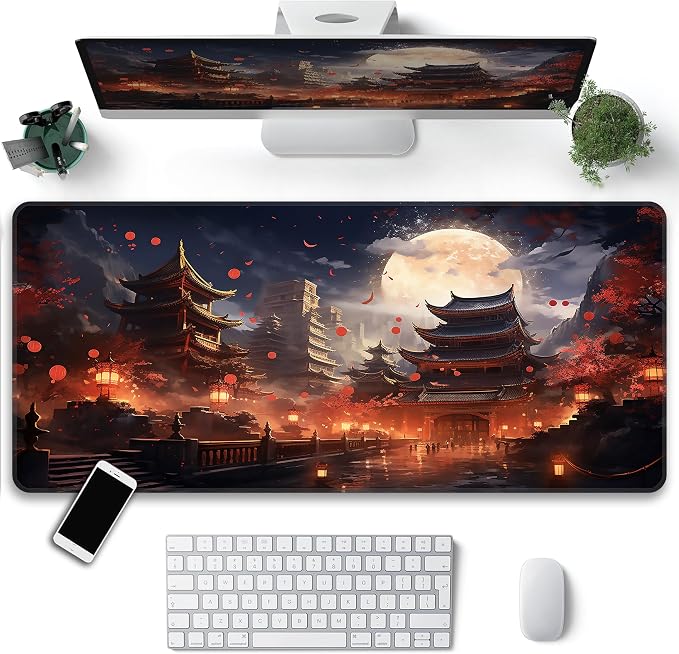 Japanese Desk Mat, XXL 35.4"x15.7" Large Mouse Pad, Full Moon Extended Gaming Mouse Mat,Non-Slip Rubber Base Waterproof with Stitched Edges for Gaming Office Home Decor - Image 2