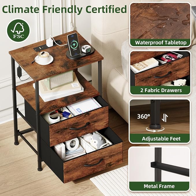 Somdot Nightstands Set of 2 with 2 Drawers, Charging Station & LED Light - Image 6
