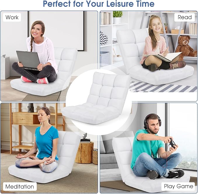 Floor Chair with Back Support, 14-Position Lazy Sofa Chair with Soft Coral Fleece, Folding Floor Gaming Chair, Couch Recliner, Floor Seat for Reading, Meditating, Yoga, Gaming (White) - Image 8