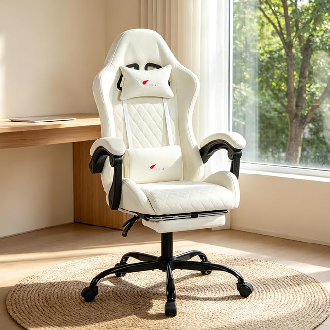 Fabric Gaming Chair for Adults, Ergonomic Computer Office Desk Chair with Footrest,Pocket Spring Cushion, Reclining High Back Silla Gamer for Home Office, White - Image 7