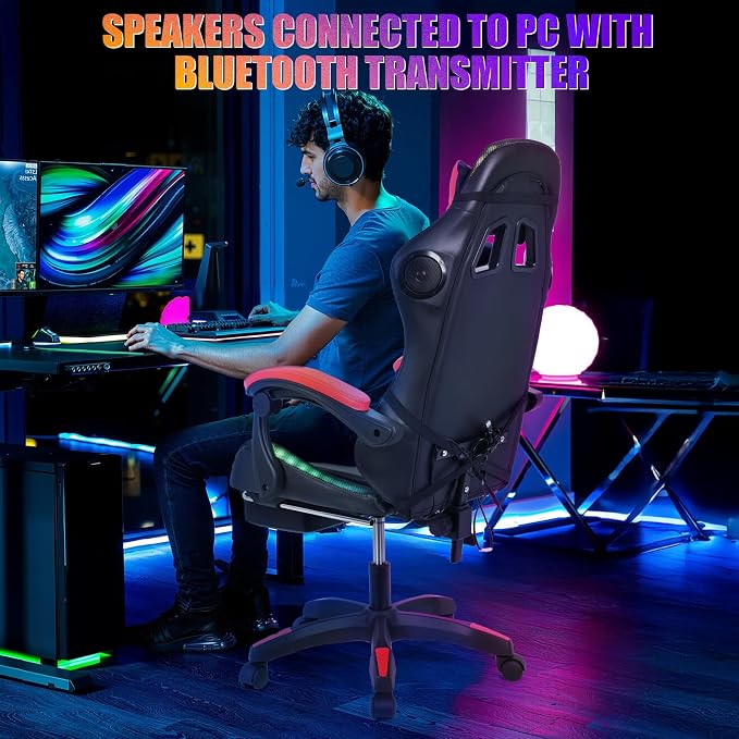 Gaming Chair with Bluetooth Speakers & Lights,Ergonomic High-Back Office Chair with Headrest & 135° Recline, 360° Swivel Height Adjustable Faux Leather Computer Chair for Gaming, Office & Study - Image 3