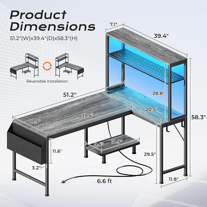 PRAISUN L Shaped Gaming Desk with LED Lights & Power Outlets | Reversible Computer Desk with Storage Shelves & Bag, Large Corner Home Office Desk with Pegboard for Work from Home, Grey - Image 2