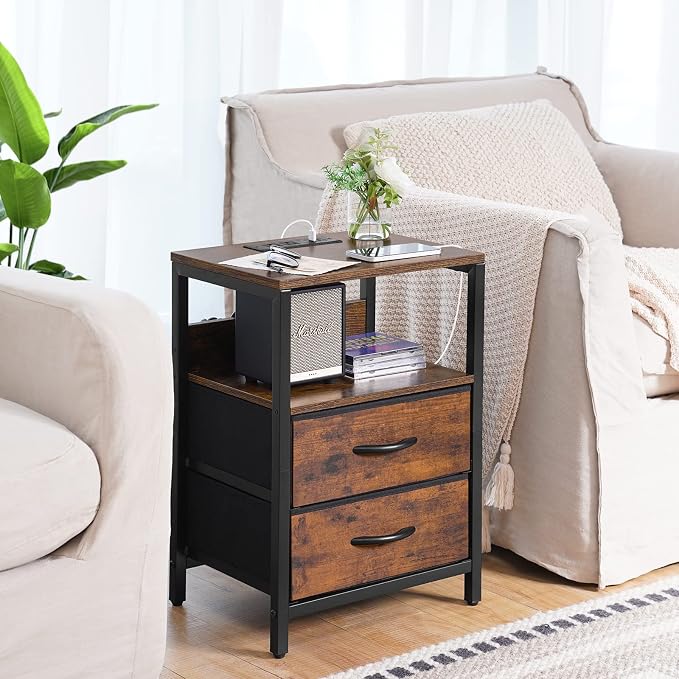 Yoobure Nightstand with Charging Station, Small Night Stand with Fabric Drawers and Storage Shelf for Bedrooms, Small Spaces, Bedside Table with USB Ports & Outlets - Image 2