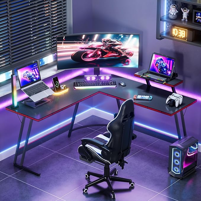 Homall L Shaped Gaming Desk Computer Corner Desk PC Gaming Desk Table | with Large Monitor Riser Stand for Home Office Sturdy Writing Workstation (Black, 51 Inch) - Image 2