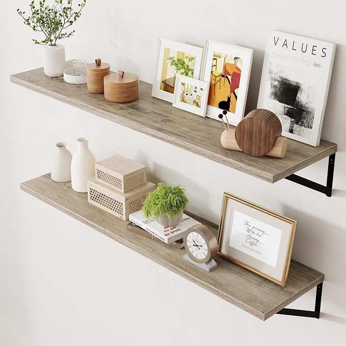 Axeman 12 Inch Deep Floating Shelves for Wall - 48 Inch Wide x 12 Inch Deep Wall Shelves Set of 2 - Rustic Grey Wood Floating Shelves for Living Room by Axeman