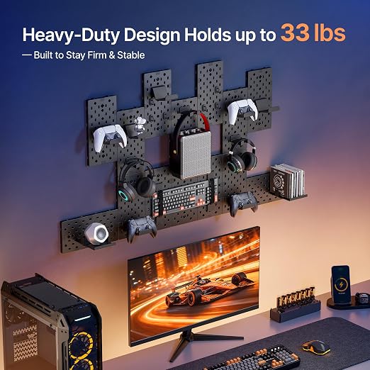 PEGZONE Controller and Headphone Holder Wall Mount, 14pcs, Black | Modular Gaming Pegboard with Accessories, Controller Stand, Disc Shelf Organizer - Image 3
