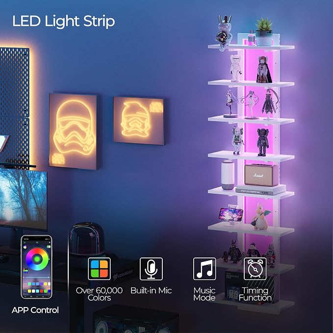 LED Wall Mounted Display Shelf with RGB Lights, 8-Tier Vertical Wall Shelf for Gaming Room, Bedroom and Living Room, Floating Shelves for Collectibles and Decor, 15"W x 5.5"D x 58.3"H, White - Image 4