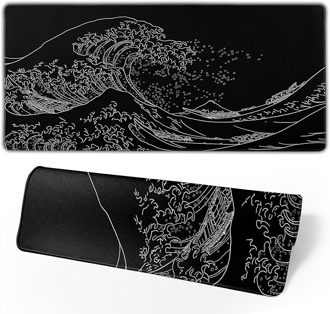 Japanese Sea Wave Large Mouse Pad, Anime Black Gaming, Extended Kanagawa Mat Desk Pad, 3mm Thick Long Non-Slip Rubber Base Mice Pad, 31.5 X 11.8 Inch by Brecoy