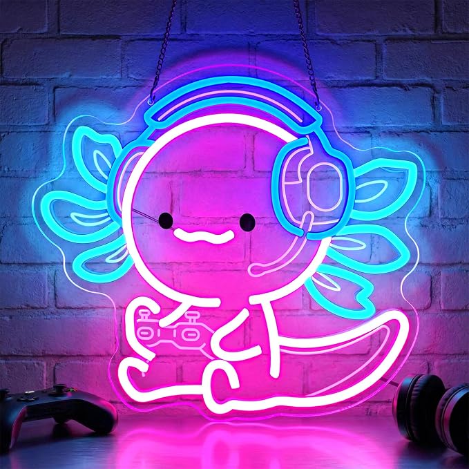 Cute Axolotl Gaming Neon Sign with Headset & Controller,LED Neon Wall Light for Gamer Room Decor,USB Powered Dimmable Neon Light for Bedroom,Teens Room,Game Setup by YourVibeYourNeon