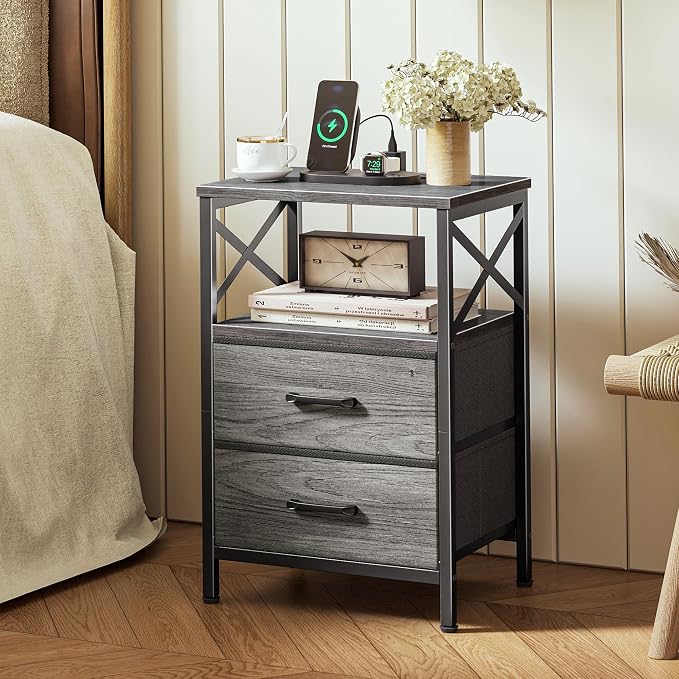 Huuger Nightstand Set of 2 with Charging Station, USB-C Port, End Tables - Image 2