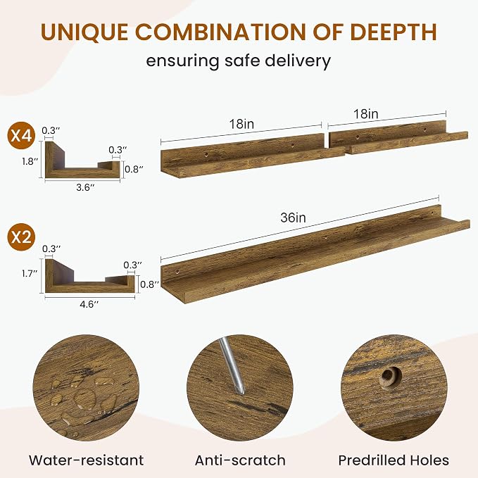 Picture Ledge Shelf, Floating Shelves for Wall Decor, Brown, Set of 6, 36'' - Image 3
