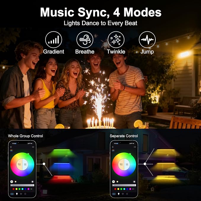 Smart RGBCW Outdoor LED Flood Light 180W –Color Changing Wall Washer, 2700K–6500K Tunable White Dimmable, RGB Stage Light, Music Sync Spotlight for Yard, Garden, Holiday Party - Image 6