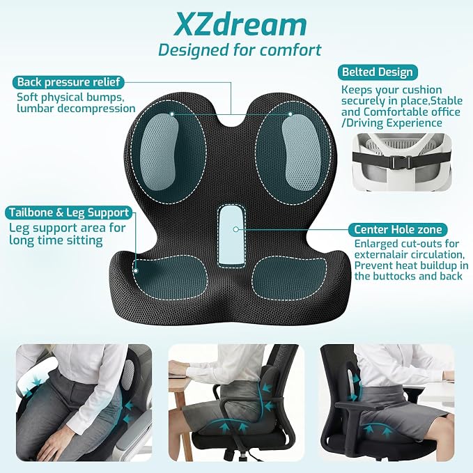 Ergonomic Seat Cushion, Office Chair Cushion with Lumbar Support Pillow | Improve Seat Comfort,Back Pain,Tailbone & Sciatica Relief,Memory Foam Seat Cushions for Office,Car,Home Chairs - Image 3