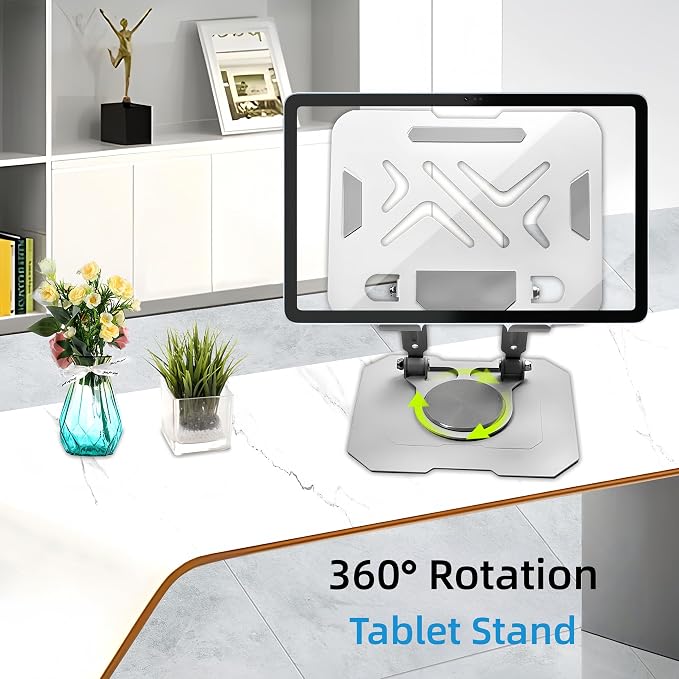 Ultra-Stable 360° Rotatable Metal Tablet Stand, Adjustable Folding Desktop Stand for iPad/iPhone/Switch, Universal Use for Office/Movie/Studying/Drawing/Gaming, Silver - Image 2
