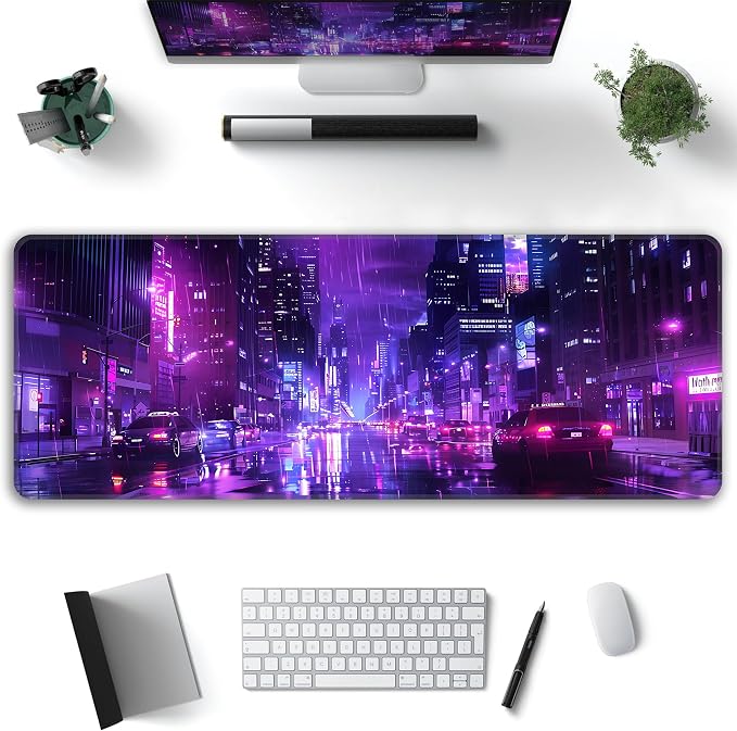 Cyberpunk Desk Mat, XL 31.5"x11.8" Large Mouse Pad, Japanese Streets Extended Gaming Mouse Mat,Non-Slip Rubber Base Waterproof with Stitched Edges for Gaming Office Home Decor - Image 2