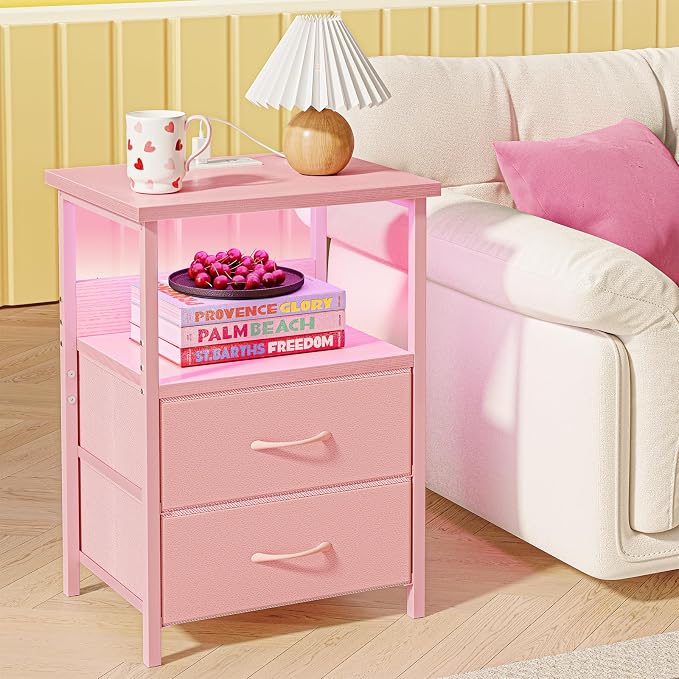 Fixwal Night Stand with Charging Station, Led Nightstand, Pink, 2 Drawers - Image 7