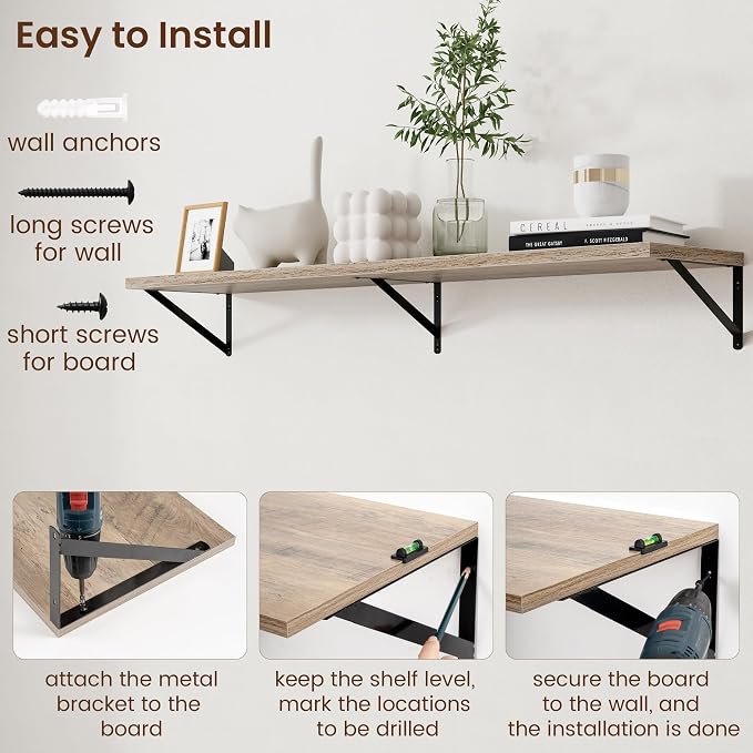 Axeman 12 Inch Deep Floating Shelves for Wall - 55 Inch Wide x 12 Inch Deep Wall Shelves Set of 2 - Rustic Grey Wood Floating Shelves for Living Room - Image 6