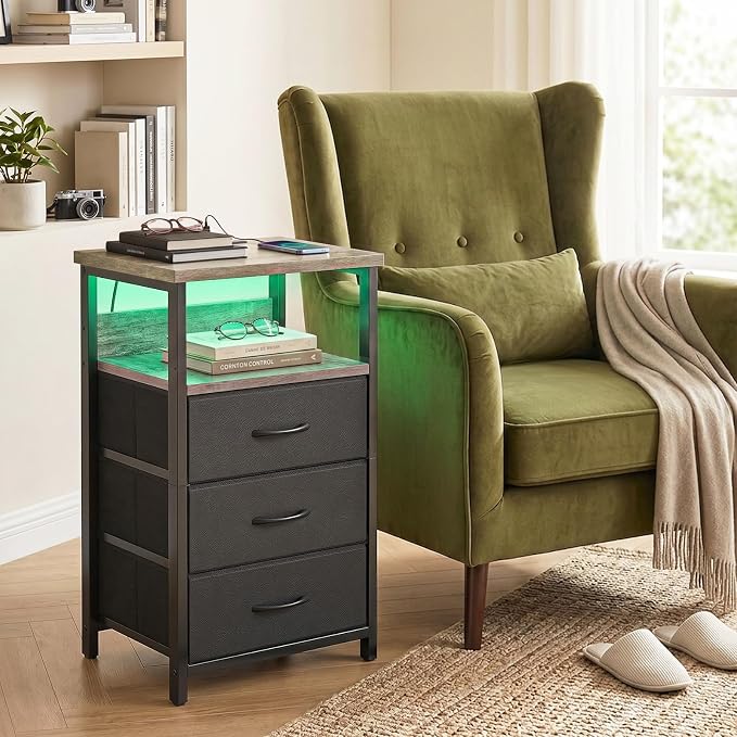 Fixwal Night Stand with 3 Fabric Drawers, Nightstand with Charging Station - Image 6