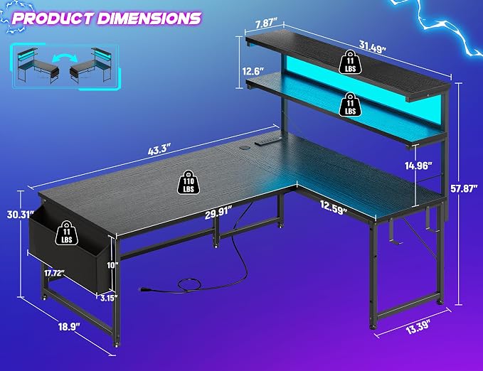 DurayLoly L Shaped Gaming Desk with No Side Bar Shelf for Small Space,Black - Image 3