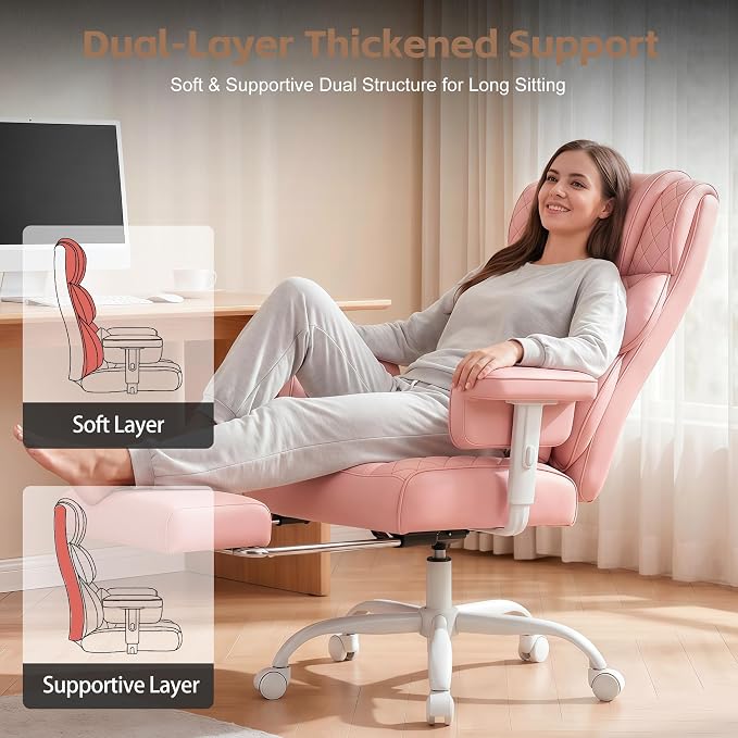 Vonesse Office Chair, Desk Chair with Soft Adjustable Armrests, Ergonomic High Back Gaming Chair with Lumbar Support, Executive Computer Chairs with Footrest (PU Leather, Pink) - Image 5