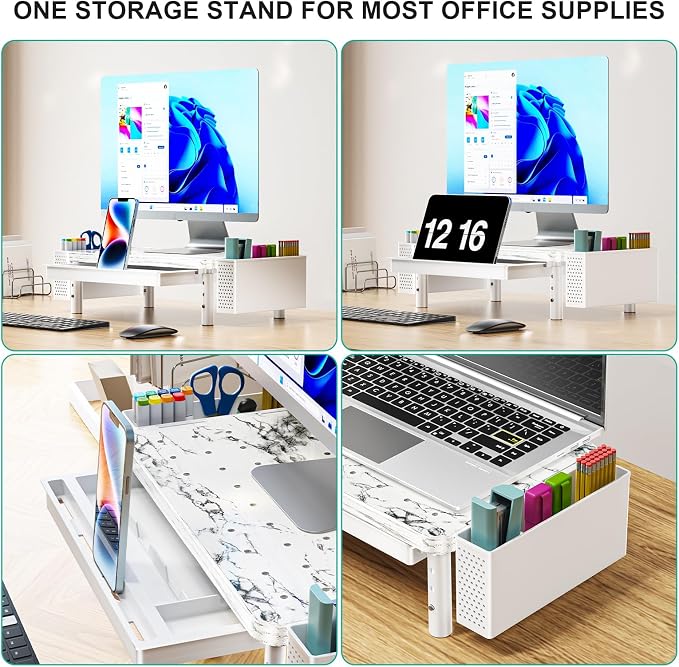 WALI Computer Monitor Stand with Storage and Pen Holder | 3 Height Adjustable Desk Organizer with Drawer, Desk Laptop Monitor Riser for Computer, Printer(PTT003-M), 1 Pack, Marble - Image 4