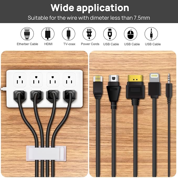 Cable Management Clips, 20Pcs Cable Organizers Wire Clips Cord Holder for TV PC Ethernet Cable Desk Home Office (White) - Image 7