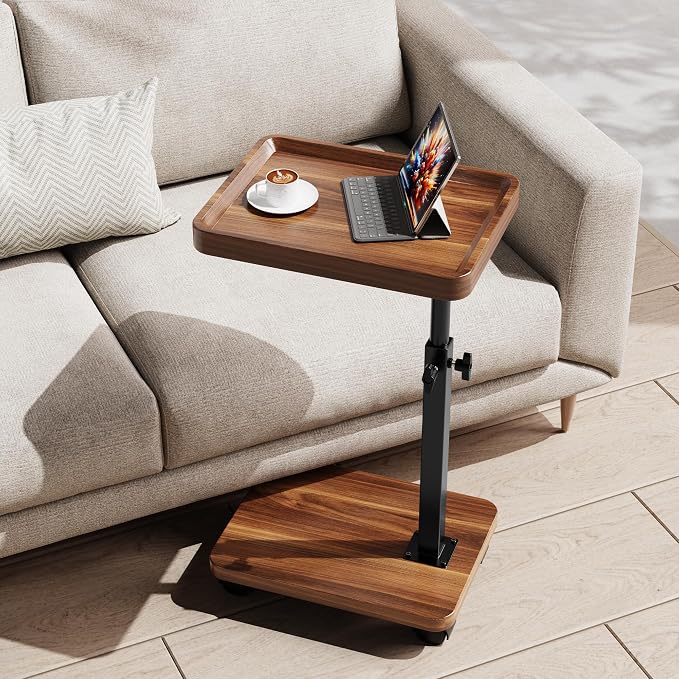 C Table End Table Adjustable Height, 360°Swivel TV Tray Table for Small Spaces, Side Tables with Wheels for Living Room and Bedroom, Bed (Walnut) by sjie