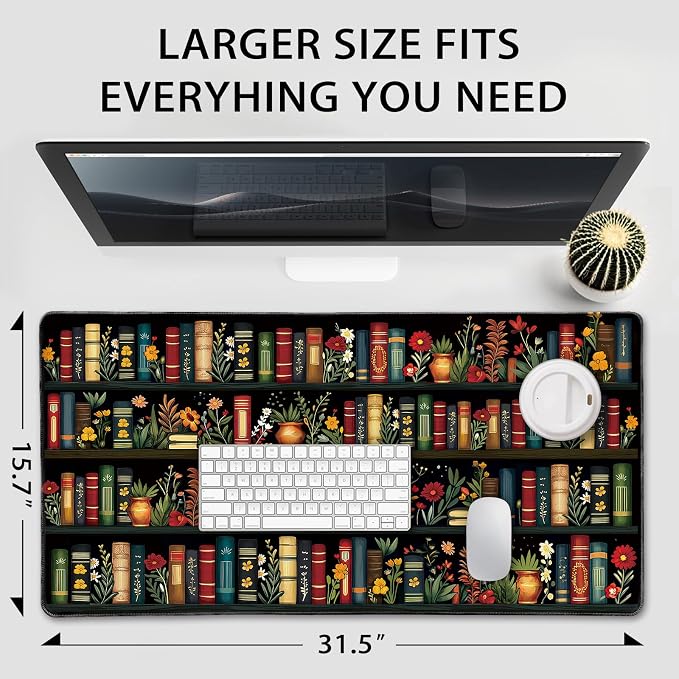 Vintage Bookshelf Large Gaming Mouse Pad Desk Mat 31.5"x15.7" | Extended Mousepad, Non-Slip Rubber Base , Stitched Edges, for Computer/Laptop/Office/Home - Image 4