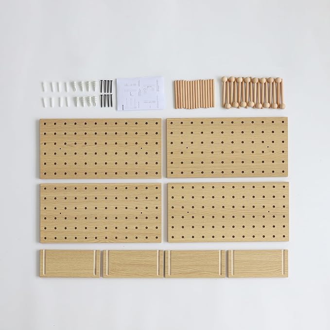 Wooden Pegboard Modular Display Organization Storage Wall Hooks Shelf (Oak Colored Finish-B-4) - Image 9